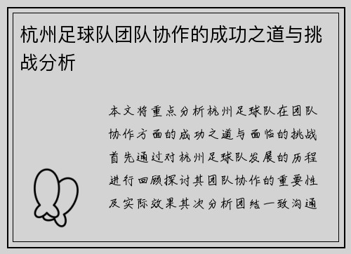 杭州足球队团队协作的成功之道与挑战分析